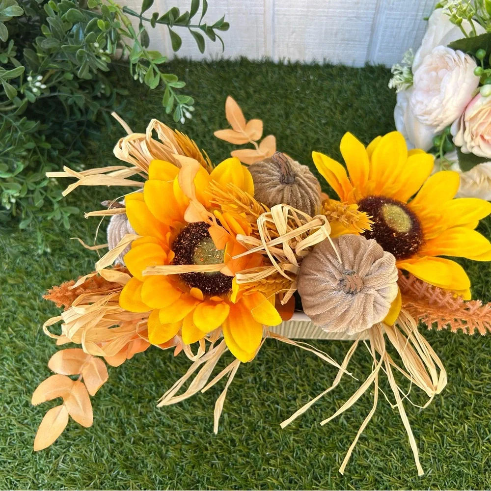 Sunflower and Pumpkin Centerpiece with ivory ceramic vase new